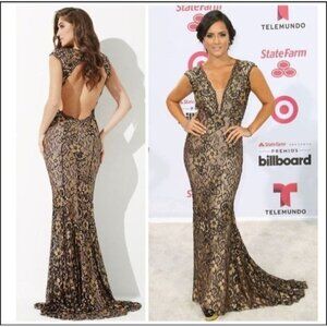 JOVANI Maxi Dress Gown 14  Black Gold Lace Open Back Rhinestones Prom 26569